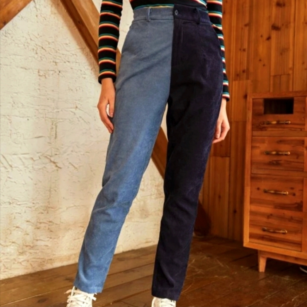 ROMWE Blue Two Tones Soft Streetwear Corduroy Cotton High-Rise Pants Size Large